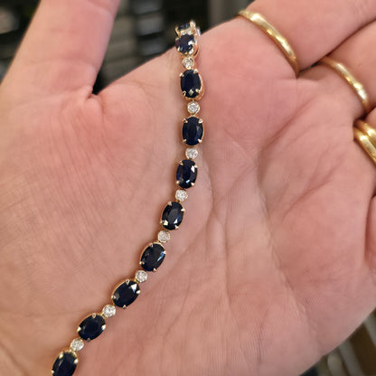 18ct Yellow Gold Oval Cut Sapphire And Small Round Cut Diamond Tennis Bracelet