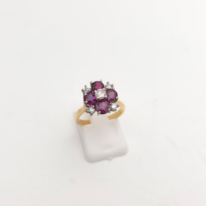 18ct Yellow Gold Round Cut Ruby And Diamond Floral Chunky Cluster Ring