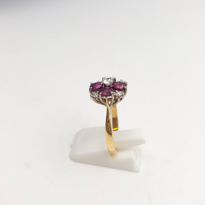 18ct Yellow Gold Round Cut Ruby And Diamond Floral Chunky Cluster Ring