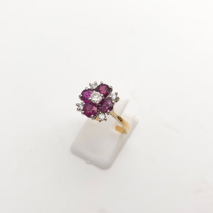 18ct Yellow Gold Round Cut Ruby And Diamond Floral Chunky Cluster Ring