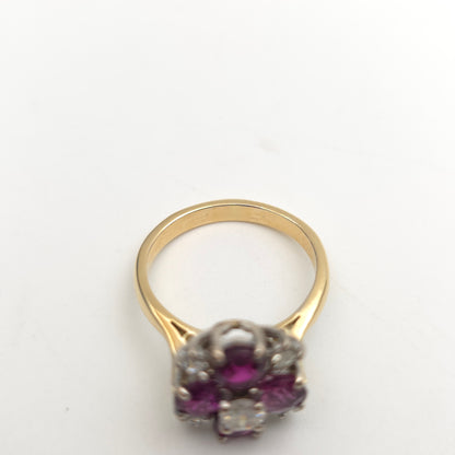 18ct Yellow Gold Round Cut Ruby And Diamond Floral Chunky Cluster Ring