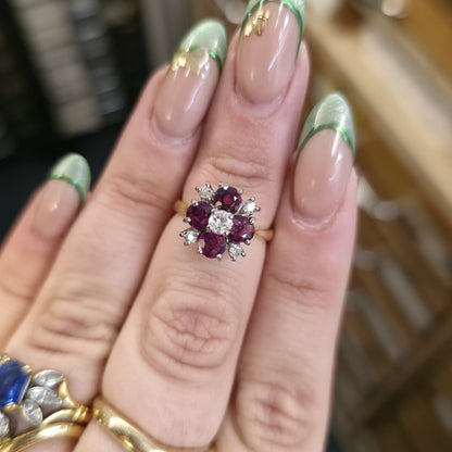18ct Yellow Gold Round Cut Ruby And Diamond Floral Chunky Cluster Ring