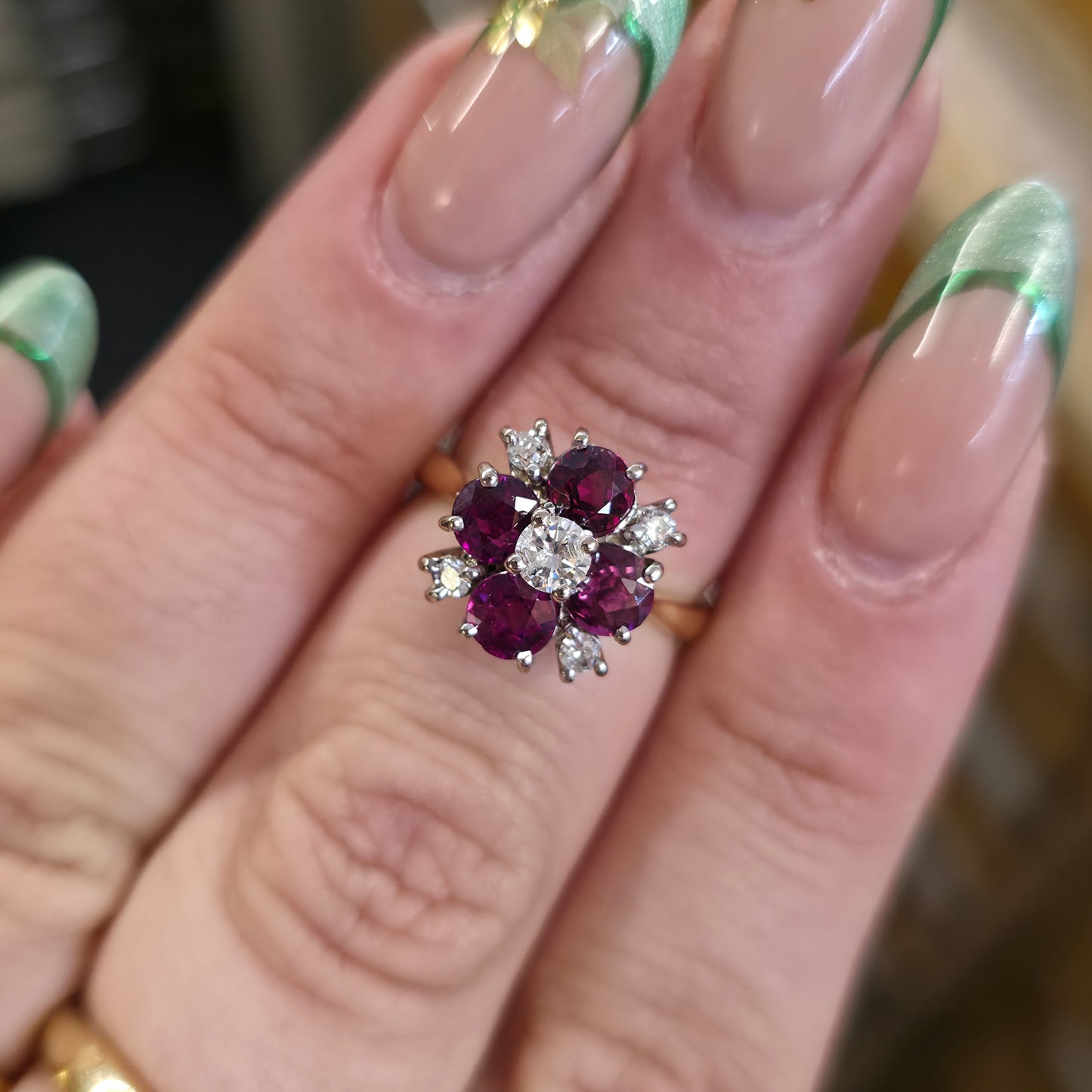18ct Yellow Gold Round Cut Ruby And Diamond Floral Chunky Cluster Ring