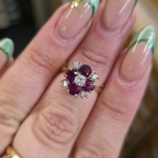 18ct Yellow Gold Round Cut Ruby And Diamond Floral Chunky Cluster Ring