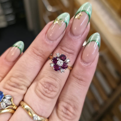 18ct Yellow Gold Round Cut Ruby And Diamond Floral Chunky Cluster Ring