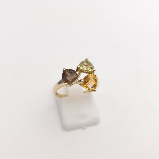 9ct Yellow Gold Vintage Peridot, Citrine And Smoky Quartz Abstract Trilogy Ring