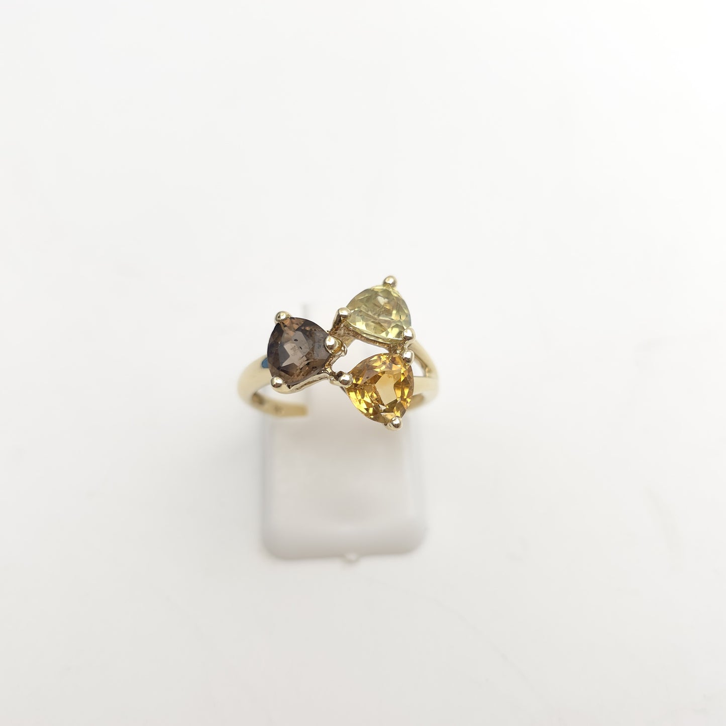 9ct Yellow Gold Vintage Peridot, Citrine And Smoky Quartz Abstract Trilogy Ring
