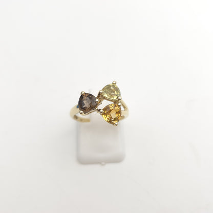 9ct Yellow Gold Vintage Peridot, Citrine And Smoky Quartz Abstract Trilogy Ring