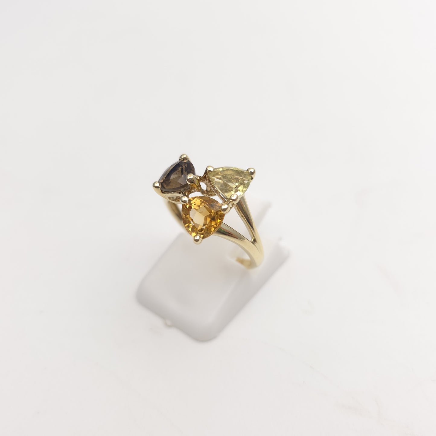 9ct Yellow Gold Vintage Peridot, Citrine And Smoky Quartz Abstract Trilogy Ring
