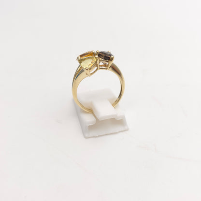 9ct Yellow Gold Vintage Peridot, Citrine And Smoky Quartz Abstract Trilogy Ring