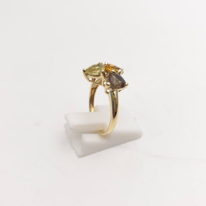 9ct Yellow Gold Vintage Peridot, Citrine And Smoky Quartz Abstract Trilogy Ring