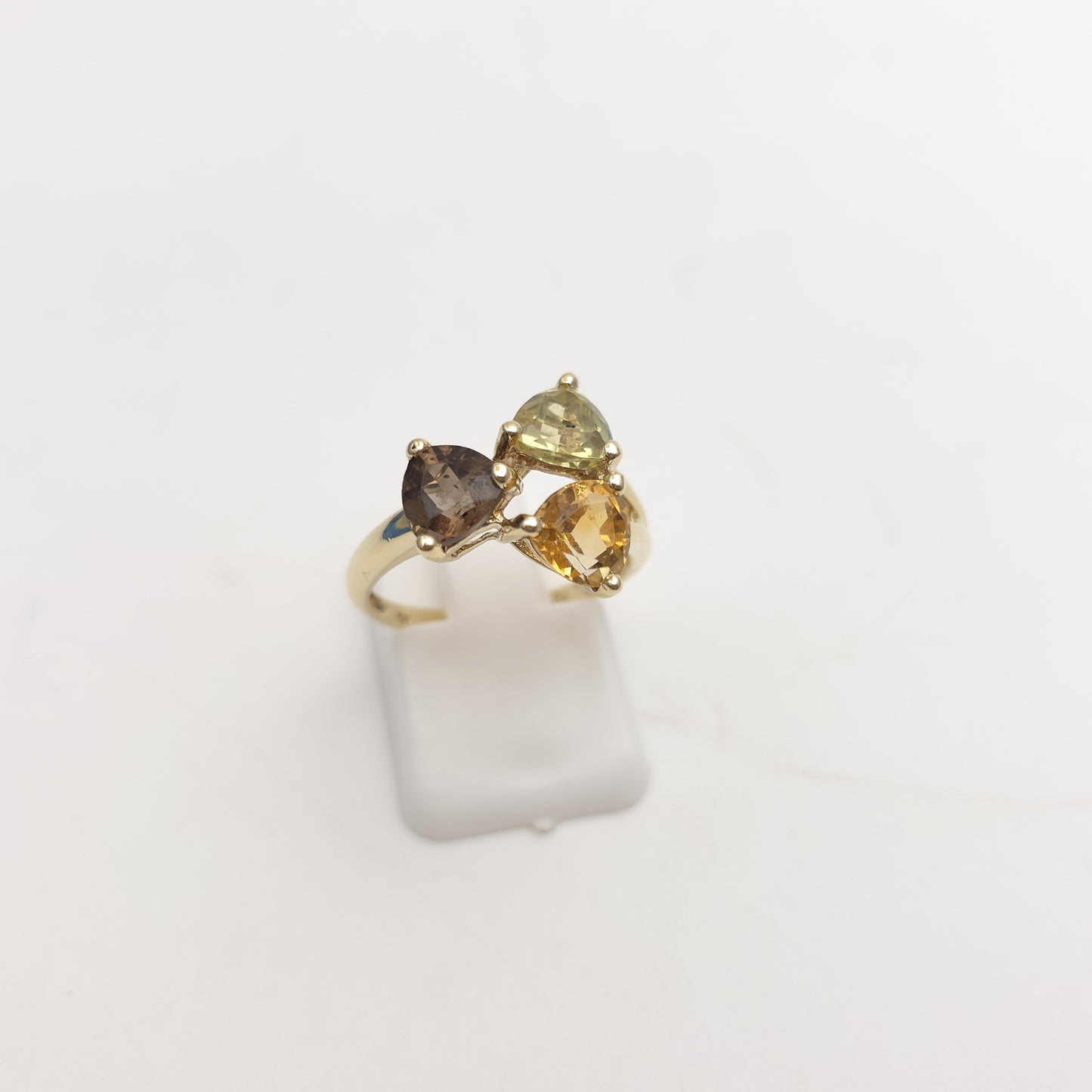 9ct Yellow Gold Vintage Peridot, Citrine And Smoky Quartz Abstract Trilogy Ring