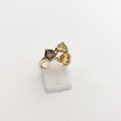 9ct Yellow Gold Vintage Peridot, Citrine And Smoky Quartz Abstract Trilogy Ring
