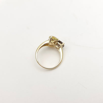 9ct Yellow Gold Vintage Peridot, Citrine And Smoky Quartz Abstract Trilogy Ring