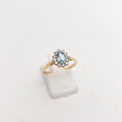 9ct Yellow Gold Small Blue Topaz And White Stone Oval Cluster Ring