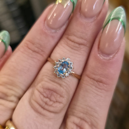 9ct Yellow Gold Small Blue Topaz And White Stone Oval Cluster Ring