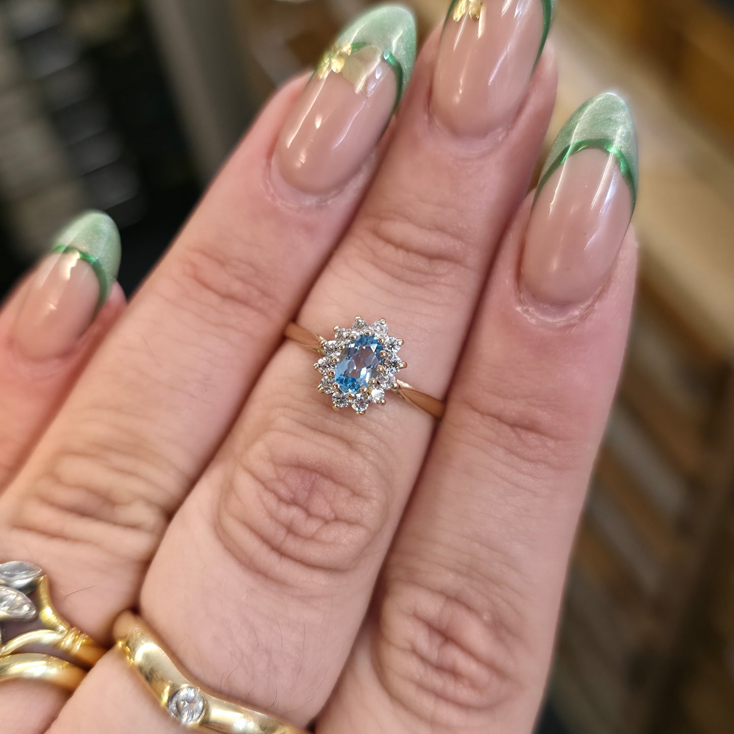 9ct Yellow Gold Small Blue Topaz And White Stone Oval Cluster Ring