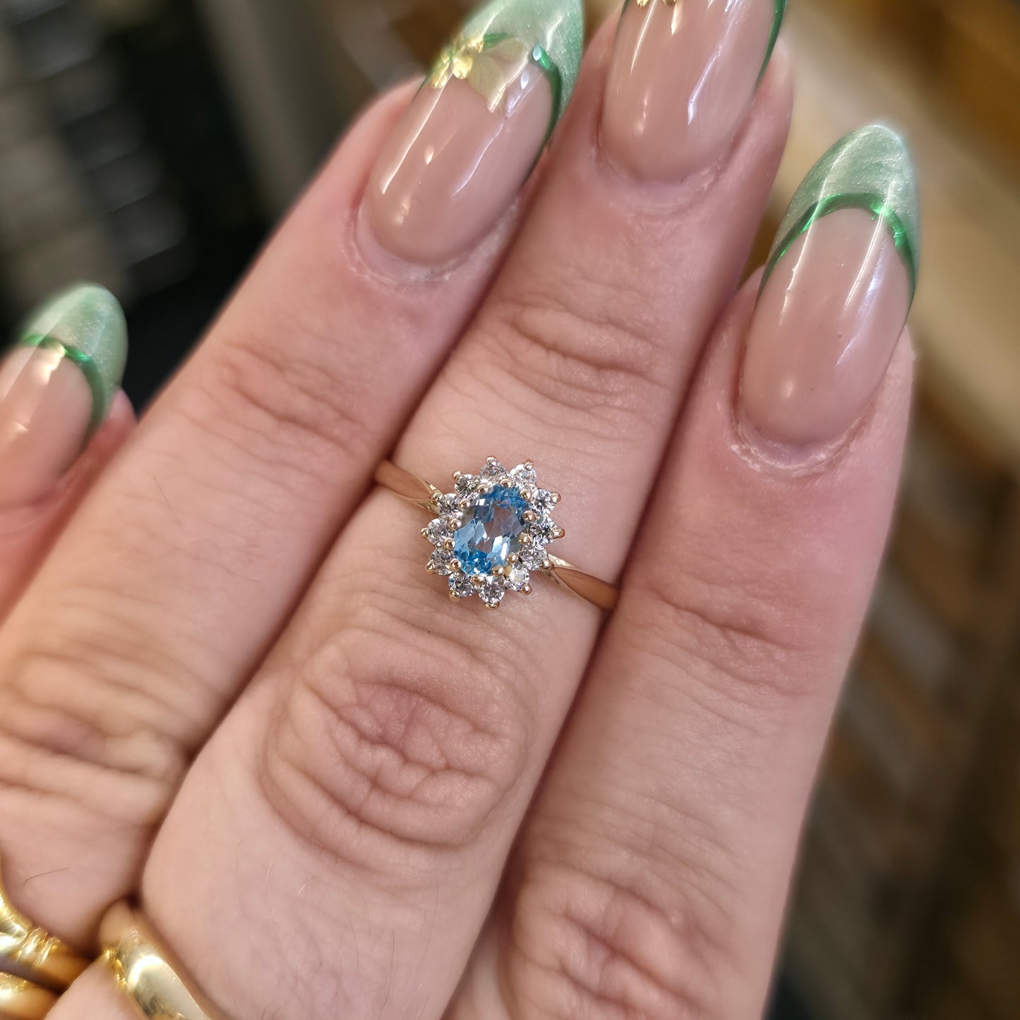 9ct Yellow Gold Small Blue Topaz And White Stone Oval Cluster Ring