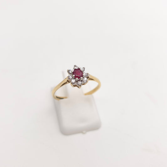 9ct Yellow Gold Small Ruby And White Stone Cluster Ring