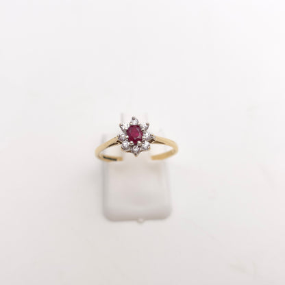 9ct Yellow Gold Small Ruby And White Stone Cluster Ring