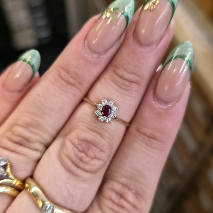 9ct Yellow Gold Small Ruby And White Stone Cluster Ring