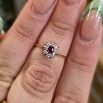 9ct Yellow Gold Small Ruby And White Stone Cluster Ring