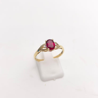 9ct Yellow Gold Vintage Oval Cut Red Stone And Diamond Cut Out Shoulders Ring