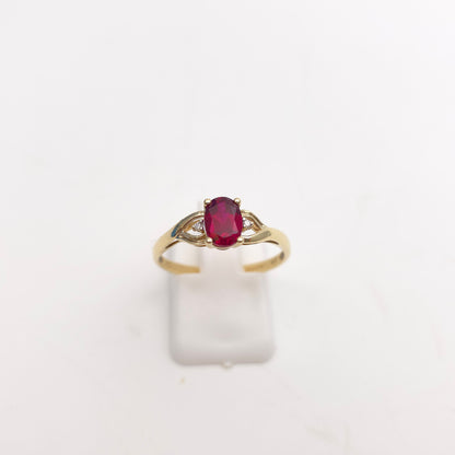 9ct Yellow Gold Vintage Oval Cut Red Stone And Diamond Cut Out Shoulders Ring