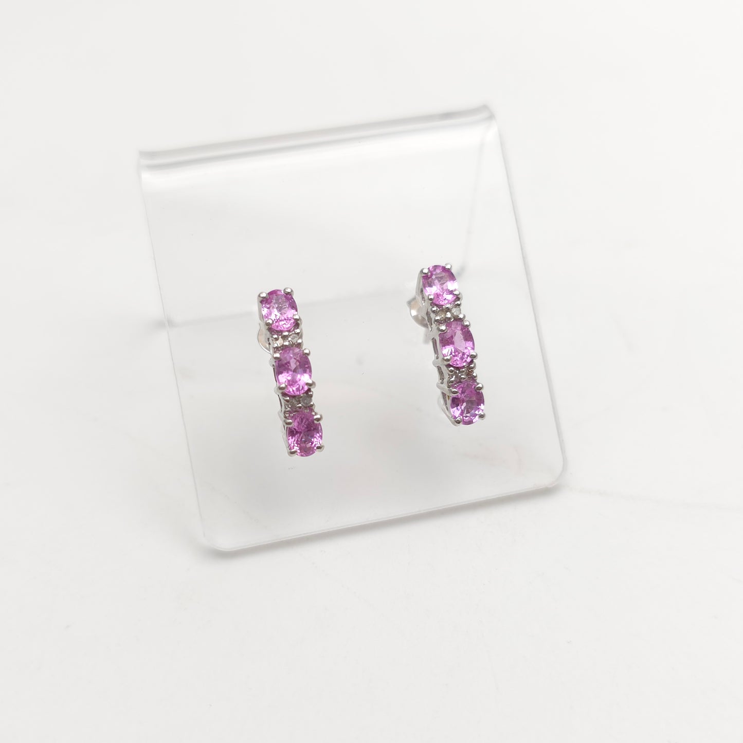 9ct White Gold Pink Sapphire And Diamond Bar Drop Stud Earrings