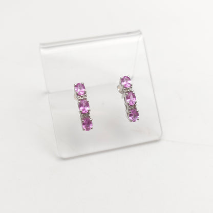 9ct White Gold Pink Sapphire And Diamond Bar Drop Stud Earrings