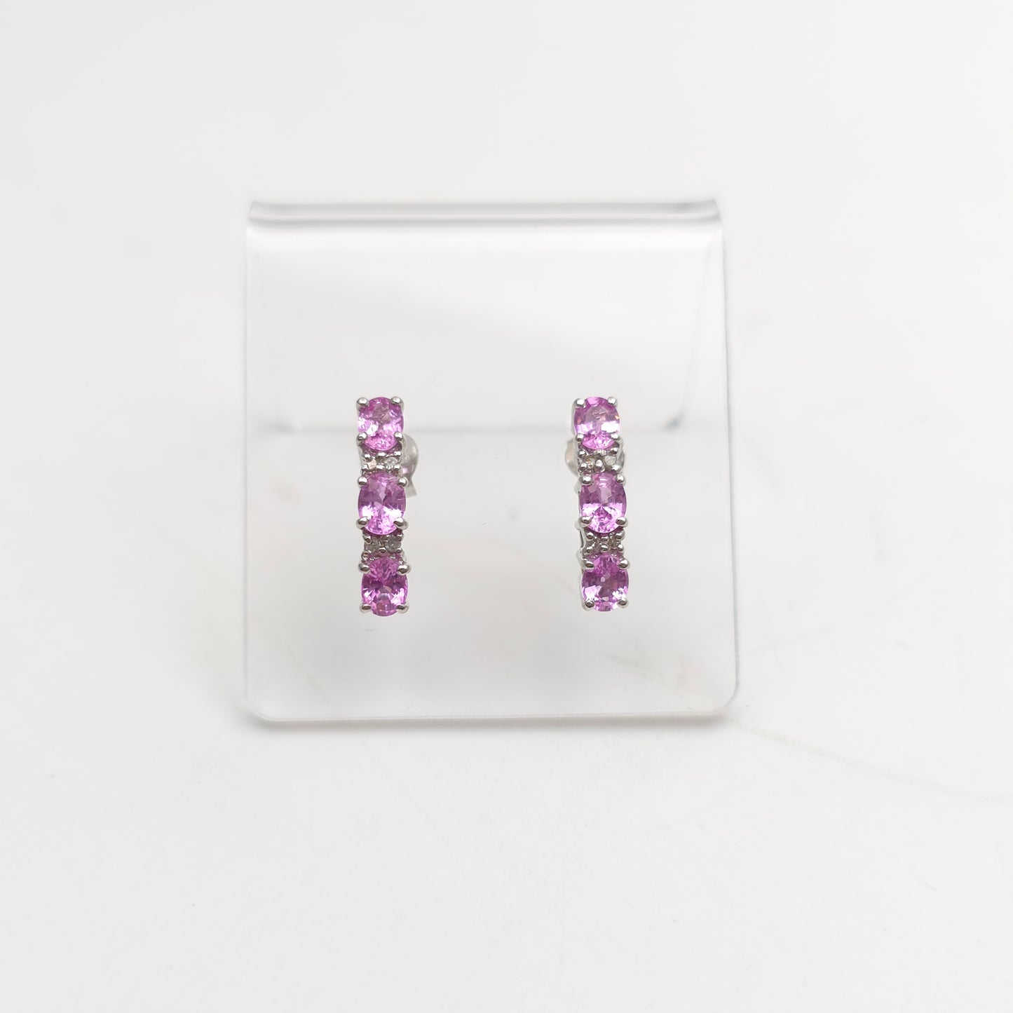 9ct White Gold Pink Sapphire And Diamond Bar Drop Stud Earrings