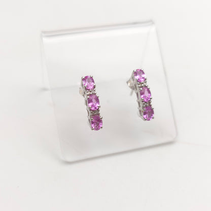 9ct White Gold Pink Sapphire And Diamond Bar Drop Stud Earrings