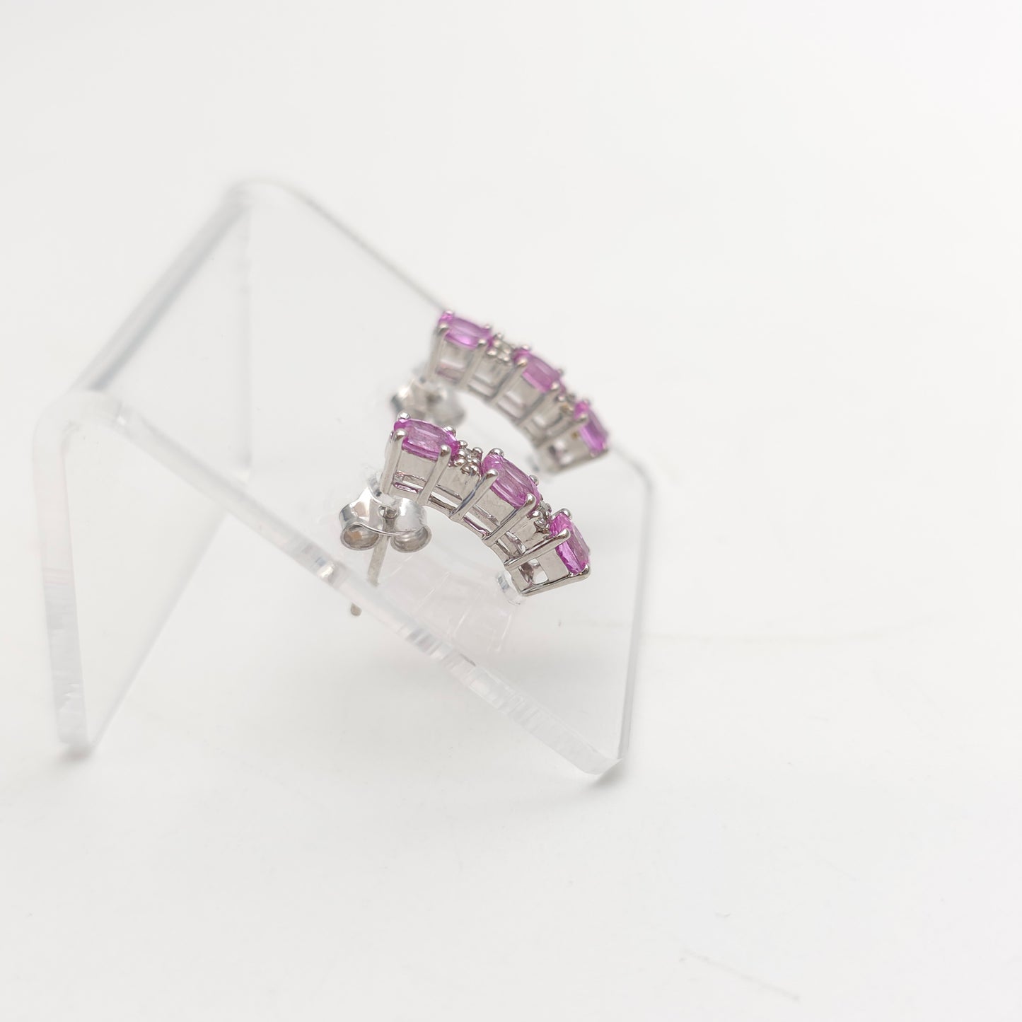 9ct White Gold Pink Sapphire And Diamond Bar Drop Stud Earrings