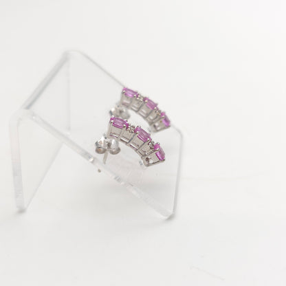 9ct White Gold Pink Sapphire And Diamond Bar Drop Stud Earrings