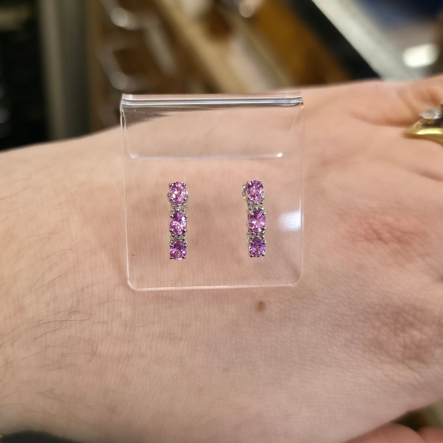 9ct White Gold Pink Sapphire And Diamond Bar Drop Stud Earrings