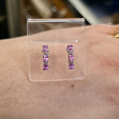 9ct White Gold Pink Sapphire And Diamond Bar Drop Stud Earrings