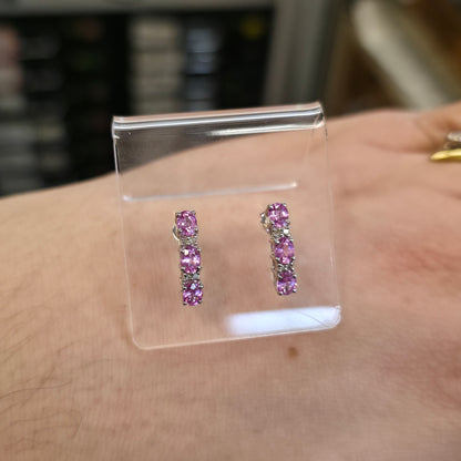 9ct White Gold Pink Sapphire And Diamond Bar Drop Stud Earrings