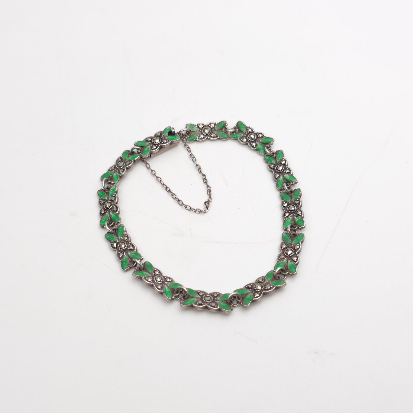 Sterling Silver Antique Green Enamel and Marcasite Set Foliate Link Bracelet