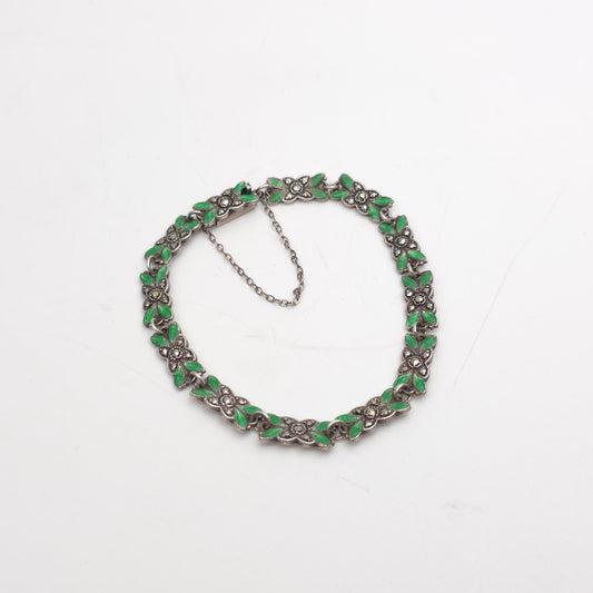 Sterling Silver Antique Green Enamel and Marcasite Set Foliate Link Bracelet