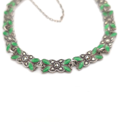 Sterling Silver Antique Green Enamel and Marcasite Set Foliate Link Bracelet