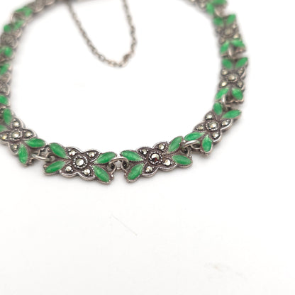 Sterling Silver Antique Green Enamel and Marcasite Set Foliate Link Bracelet