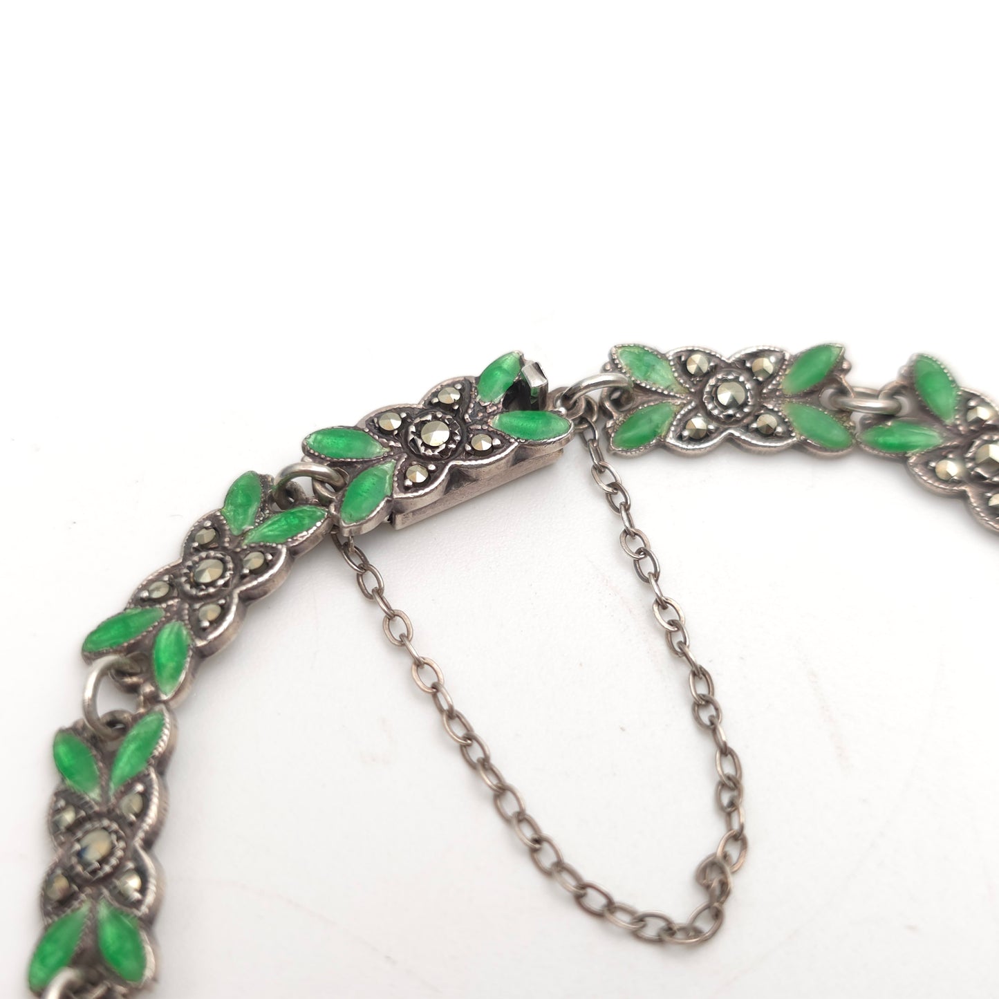 Sterling Silver Antique Green Enamel and Marcasite Set Foliate Link Bracelet