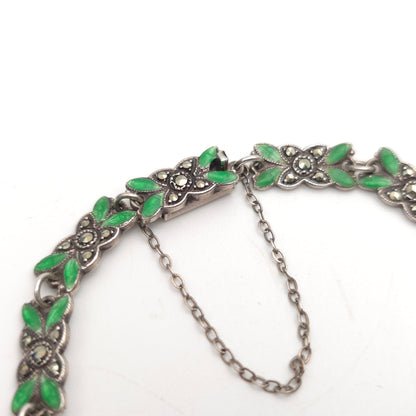 Sterling Silver Antique Green Enamel and Marcasite Set Foliate Link Bracelet