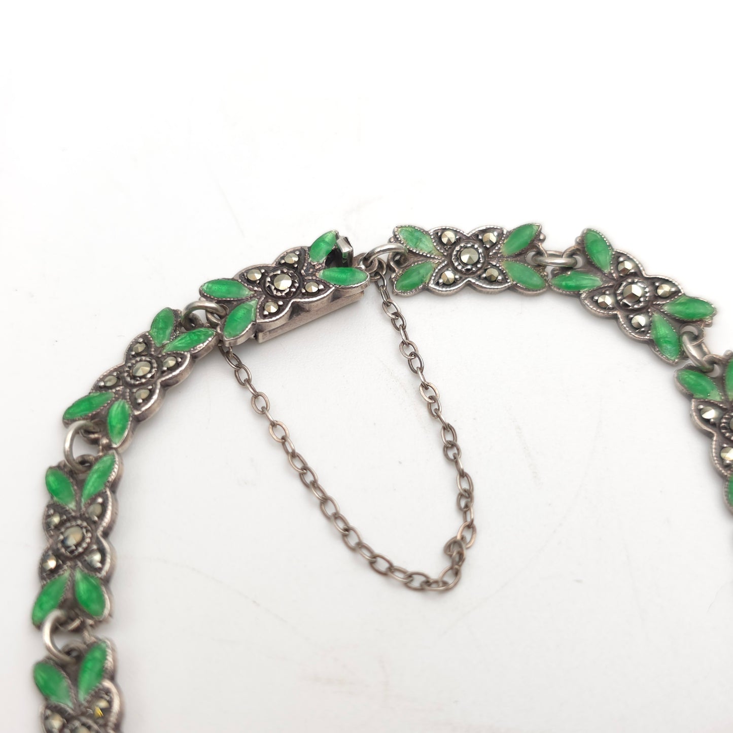 Sterling Silver Antique Green Enamel and Marcasite Set Foliate Link Bracelet