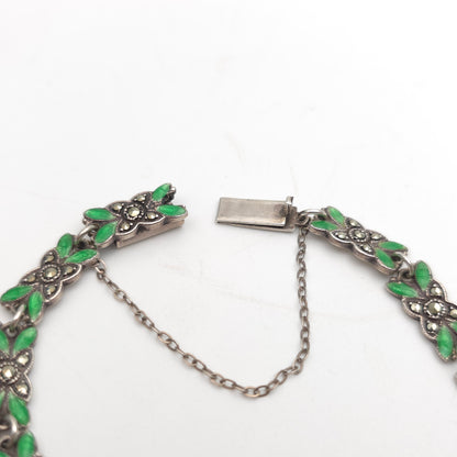Sterling Silver Antique Green Enamel and Marcasite Set Foliate Link Bracelet