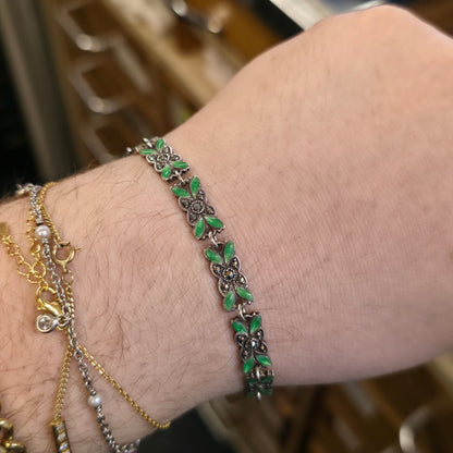 Sterling Silver Antique Green Enamel and Marcasite Set Foliate Link Bracelet