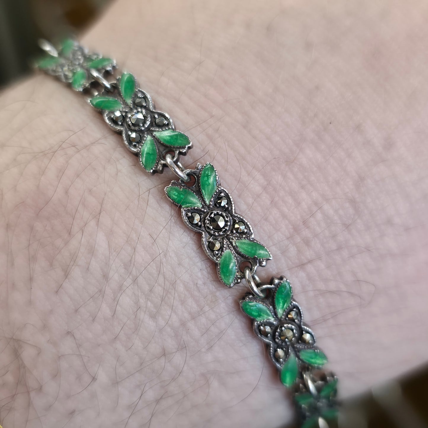 Sterling Silver Antique Green Enamel and Marcasite Set Foliate Link Bracelet
