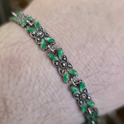 Sterling Silver Antique Green Enamel and Marcasite Set Foliate Link Bracelet