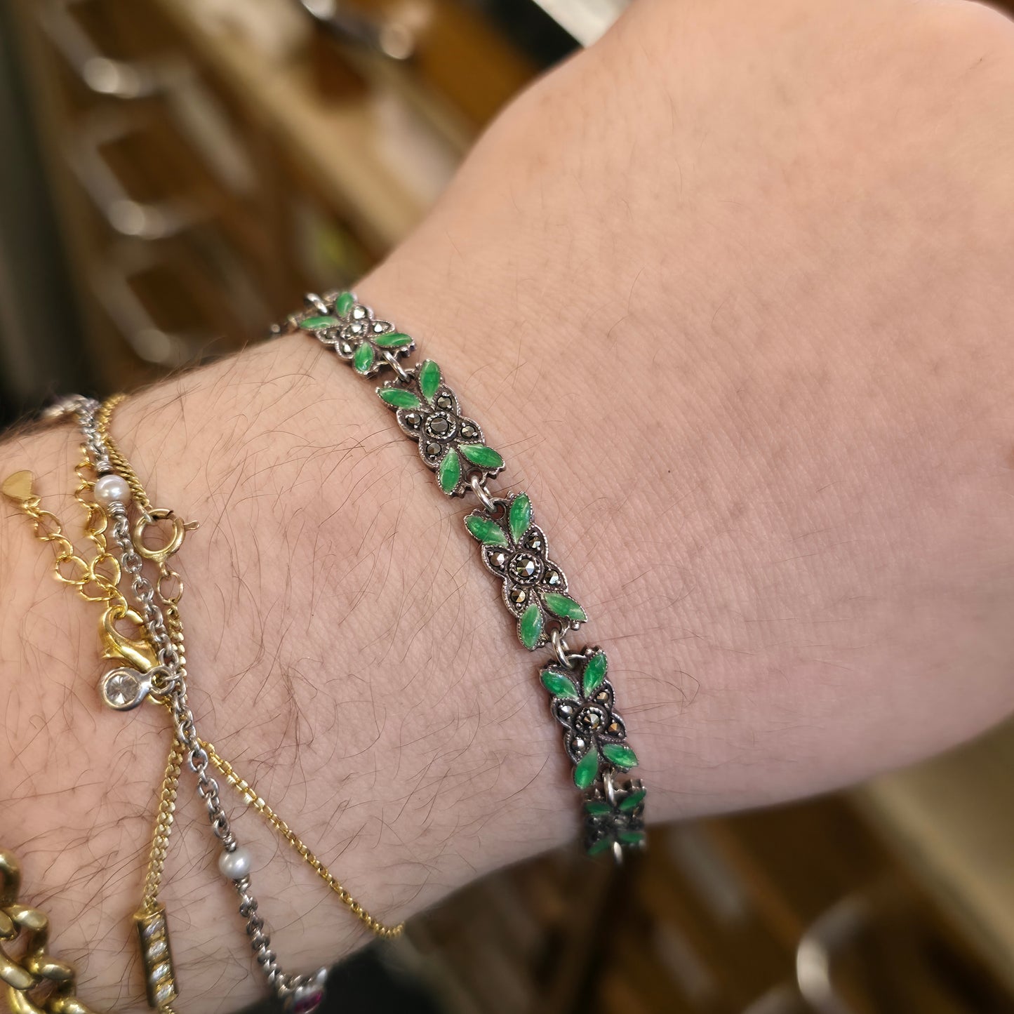 Sterling Silver Antique Green Enamel and Marcasite Set Foliate Link Bracelet