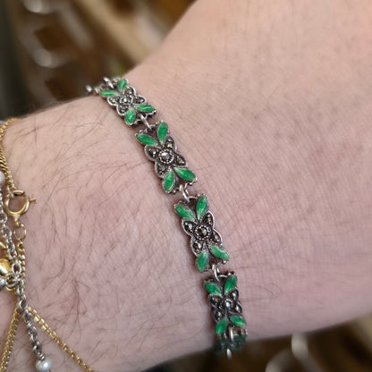 Sterling Silver Antique Green Enamel and Marcasite Set Foliate Link Bracelet